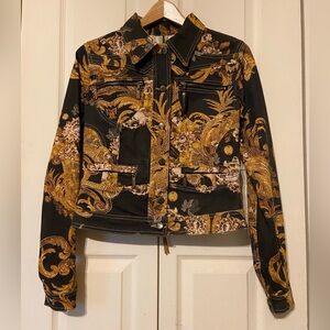 Just Cavalli black/ gold baroque print cotton jacket US6-8 Medium/IT 42.